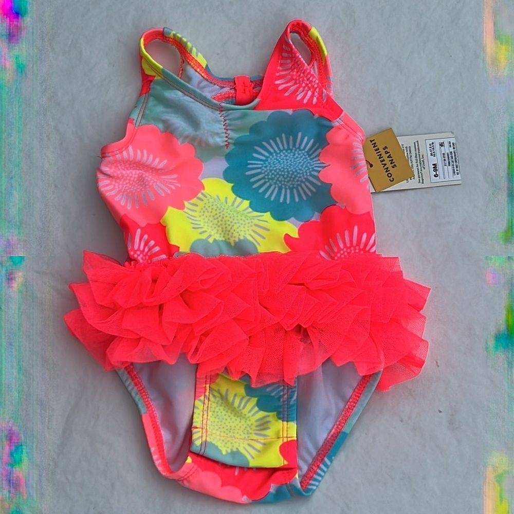 Cat & Jack baby girl’s one piece snaps Ruffle floral swimsuit Sz 6/9 months NEW